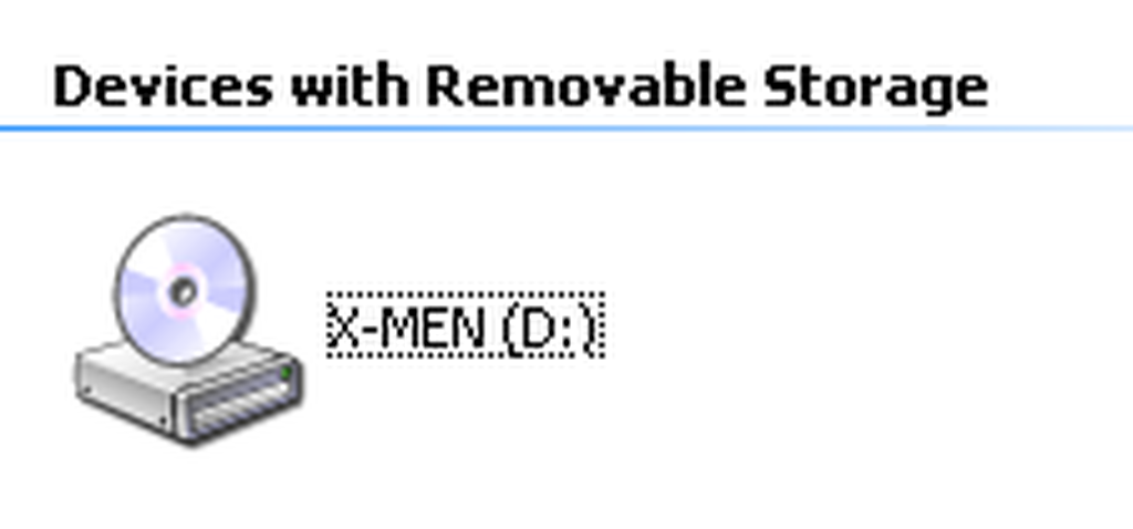 Windows XP My Computer: Devices with Removable Storage, drive labeled X-MEN (D:).