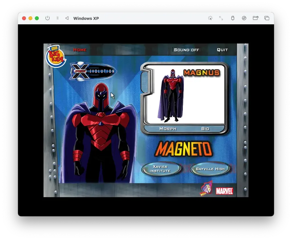 Burger King X-Men Evolution promo program running in a Windows XP window: Magneto character screen with HOME, QUIT, Xavier Institute, and Bayville High navigation.